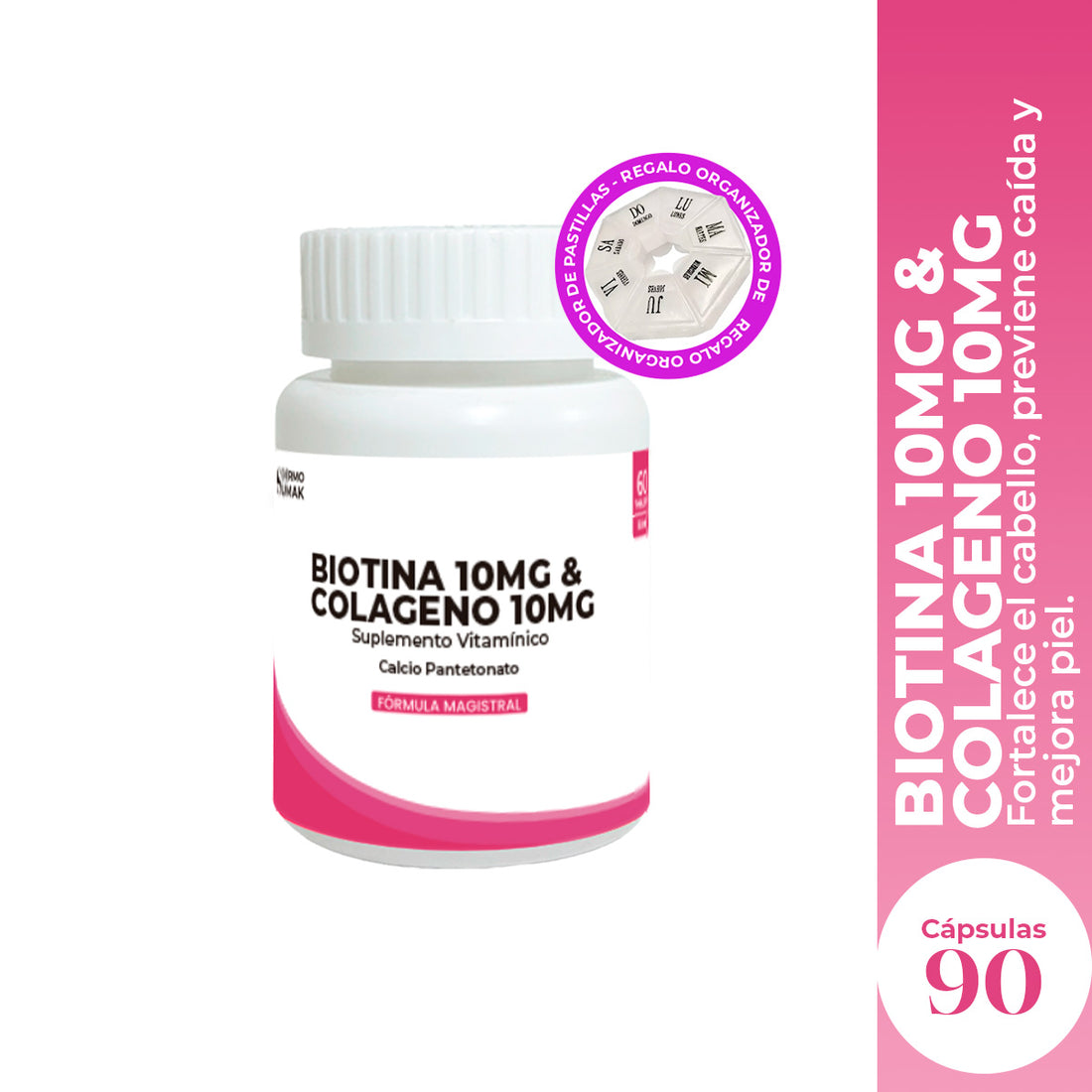 Biotina 10 mg &amp;  Colágeno 10 mg x 90 Cápsulas - Dermo Sumak + REGALO PASTILLERO