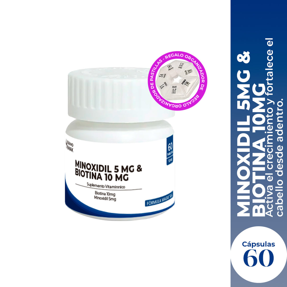 Minoxidil 5mg &amp; Biotina 10mg  x 60 Cápsulas - Dermo Sumak + REGALO PASTILLERO