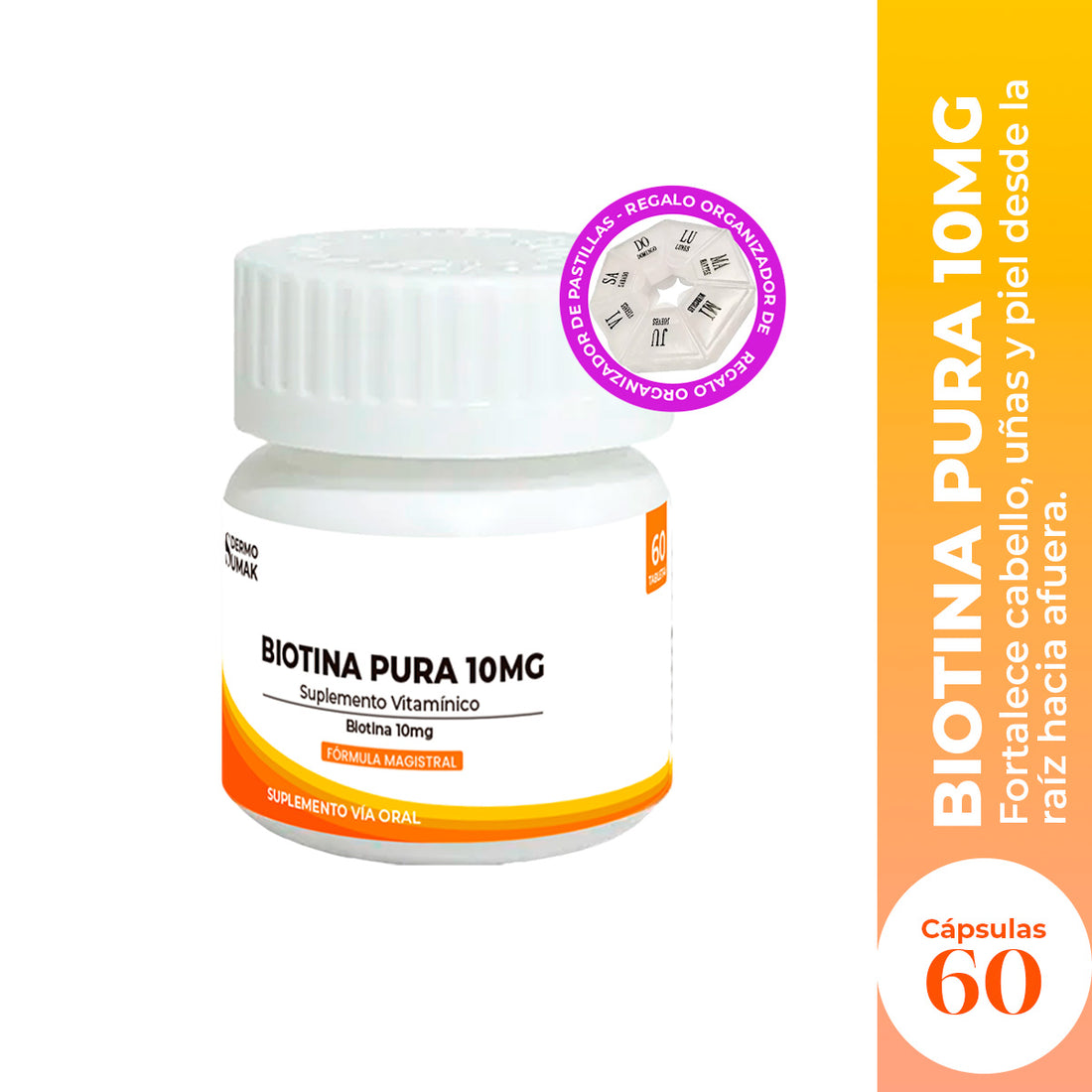 Biotina pura 10 mg x 60 Cápsulas - Dermo Sumak + REGALO PASTILLERO