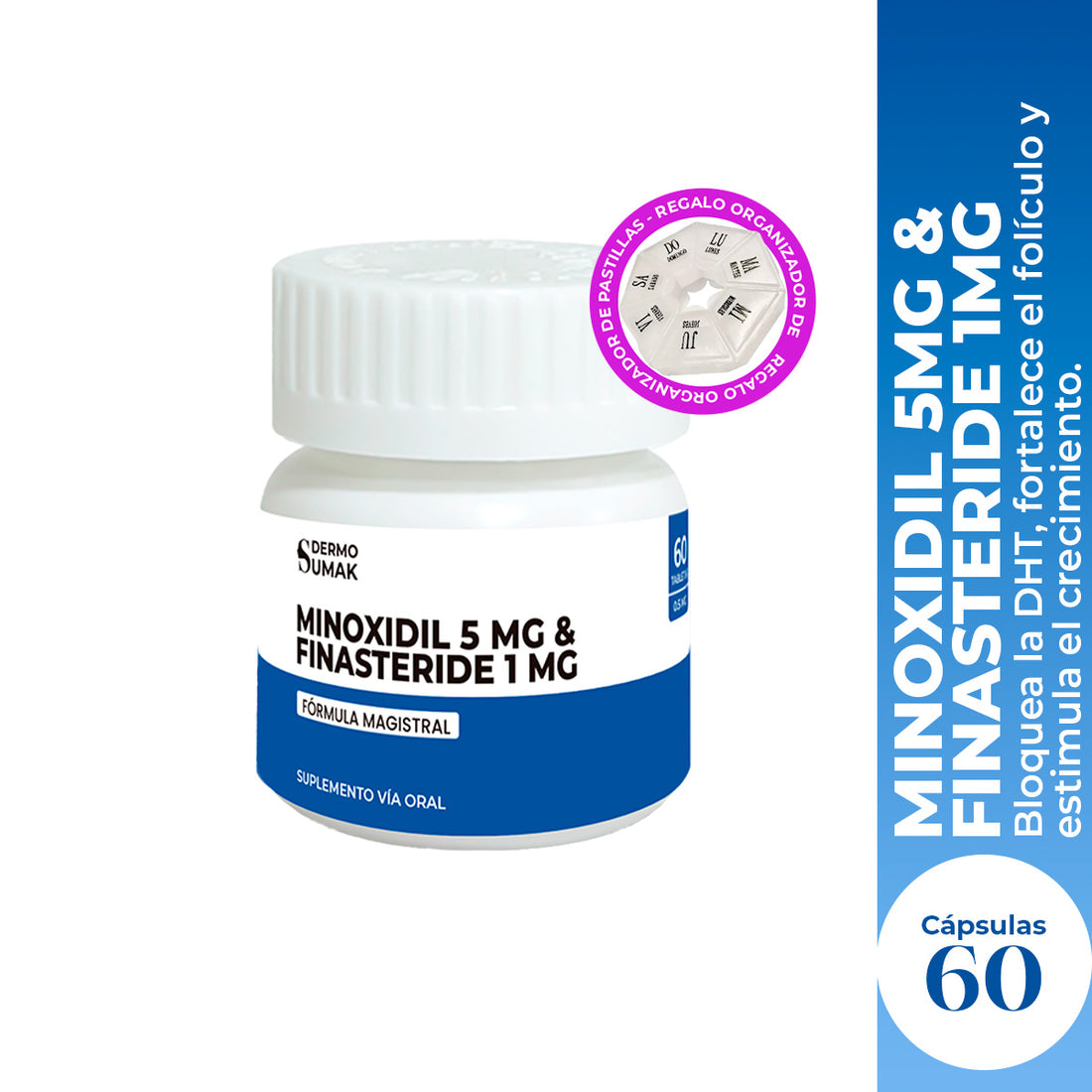 Finasteride 1 mg & Minoxidil 5 mg x 60 Cápsulas- Dermo Sumak + REGALO PASTILLERO