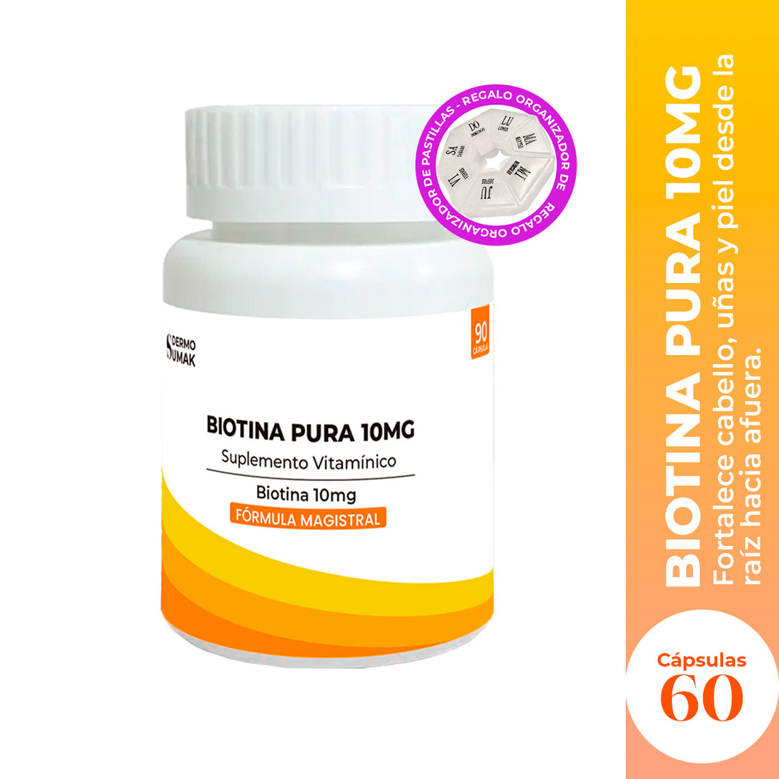 DERMO SUMAK – BIOTINA PURA 10MG 90 CÁPSULAS + REGALO PASTILLERO