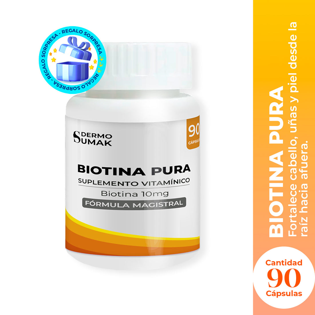 DERMO SUMAK – BIOTINA PURA 10MG 90 CÁPSULAS + REGALO ALEATORIO