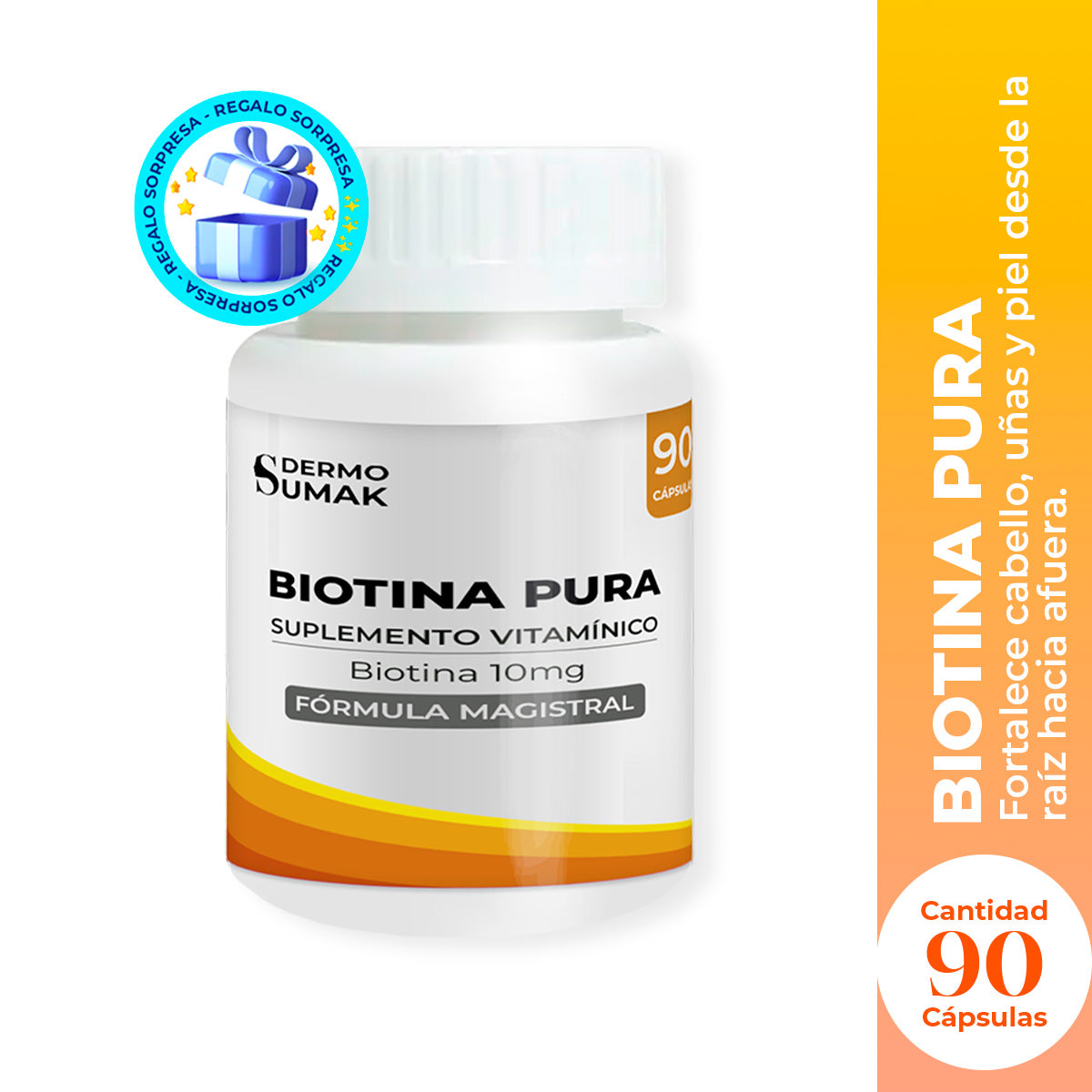 DERMO SUMAK – BIOTINA PURA 10MG 90 CÁPSULAS + REGALO ALEATORIO