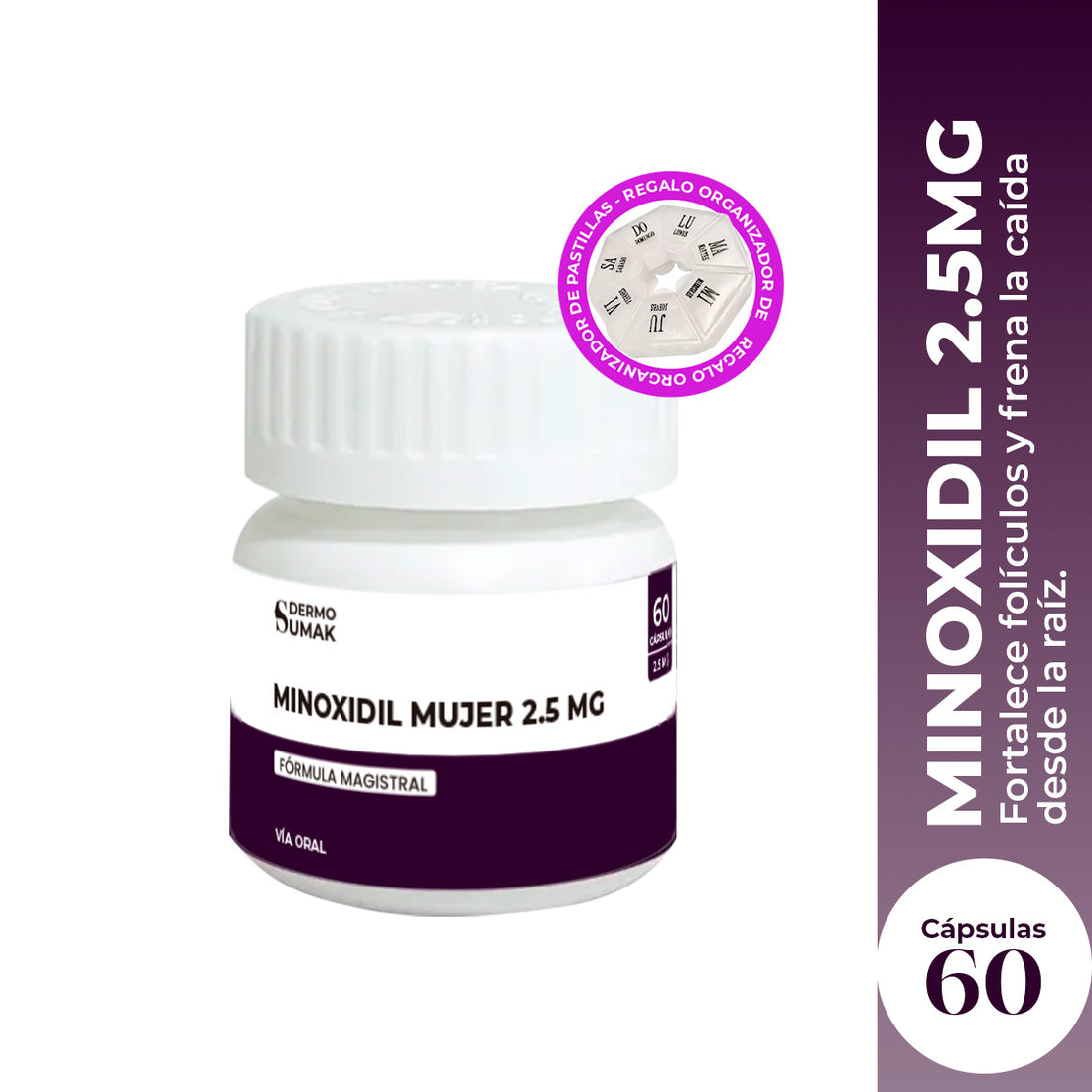 Minoxidil 2,5mg x 60 Cápsulas - Dermosumak + REGALO PASTILLERO