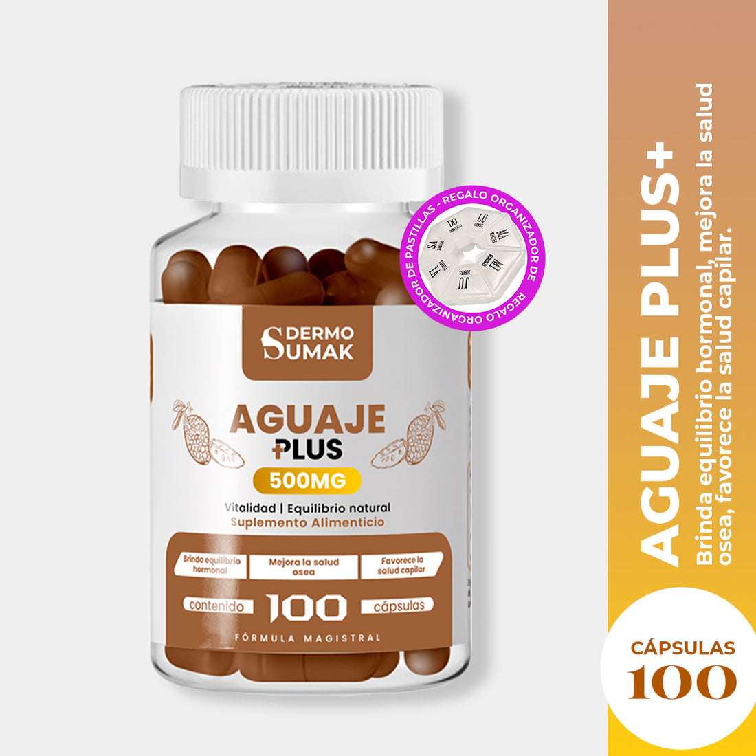 DERMO SUMAK – SUPLEMENTO PARA PIEL SALUDABLE Y BIENESTAR FEMENINO – AGUAJE PLUS+ – 100 CÁPSULAS + REGALO PASTILLERO