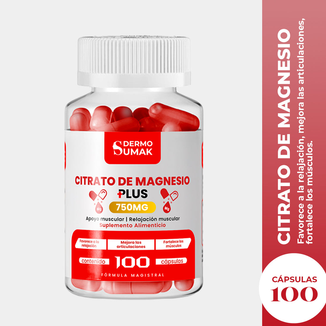 DERMO SUMAK – SUPLEMENTO PARA SALUD MUSCULAR Y NERVIOS – CITRATO DE MAGNESIO PLUS – 100 CÁPSULAS + REGALO PASTILLERO