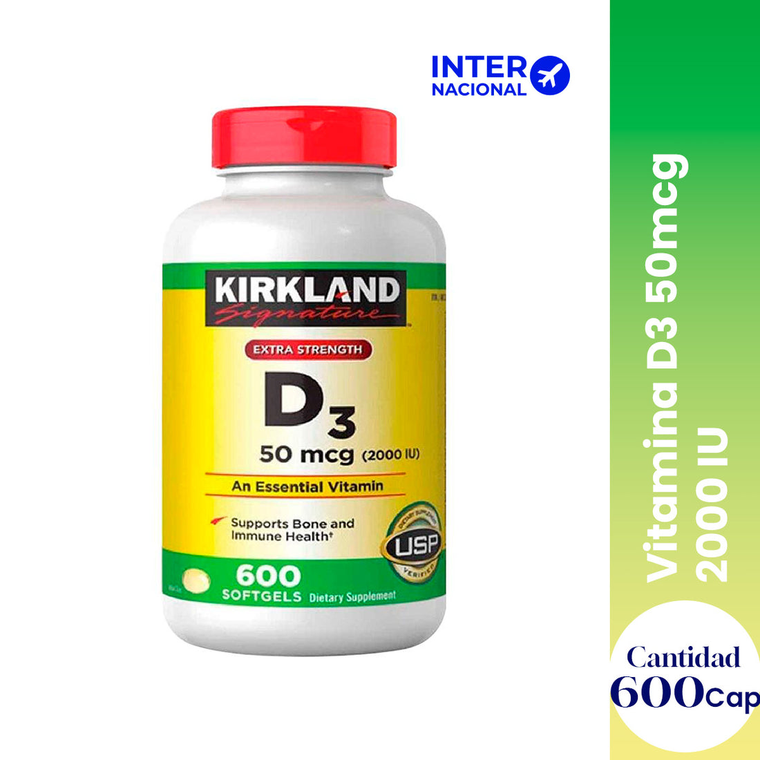 Kirkland - Suplemento Vitamina D3 2000 IU – Apoyo al sistema inmune y salud ósea – 600 cápsulas blandas