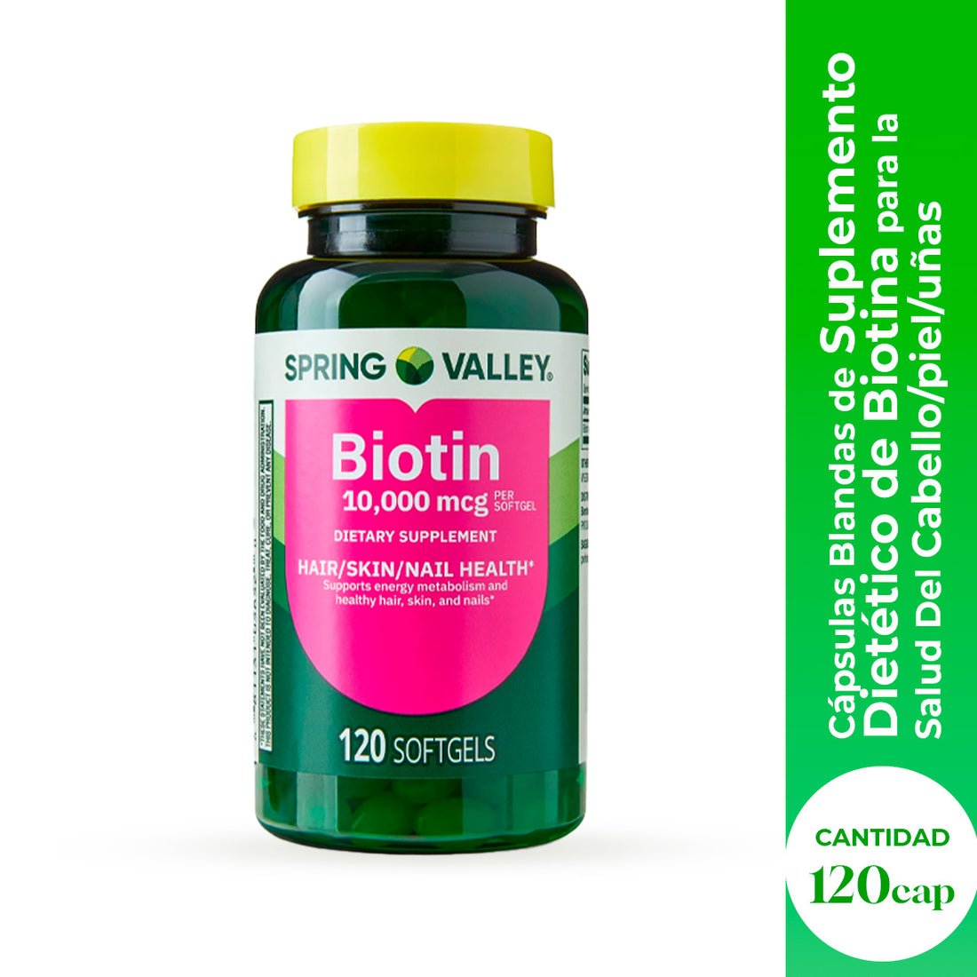 Spring Valley Suplemento de Biotina – Cabello, Piel y Uñas – 10,000 mcg 120 cápsulas
