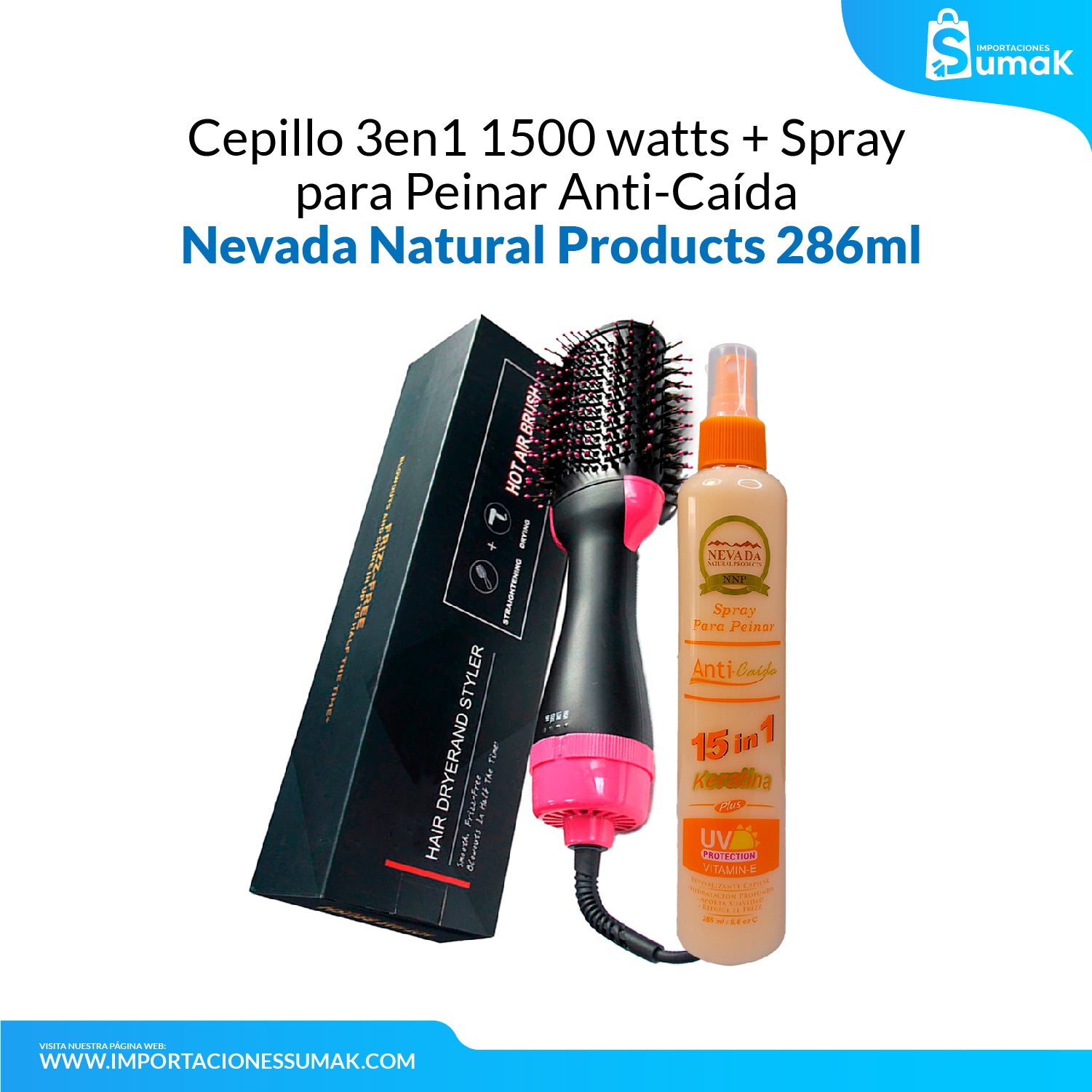 Cepillo 3en1 1500 watts + Spray para Peinar Anti-Caída