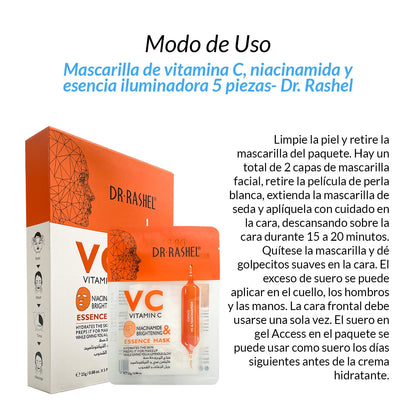 Mascarilla vitamina C niacinamida y esencia iluminadora 5 piezas
