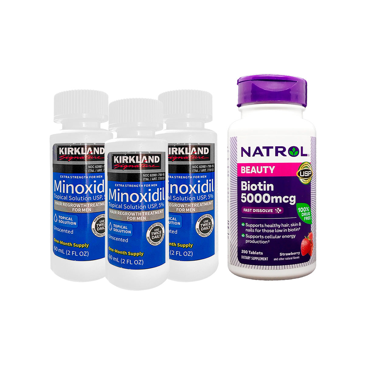 Minoxidil liquido kirkland + Biotina Natrol Beauty 5,000 mcg