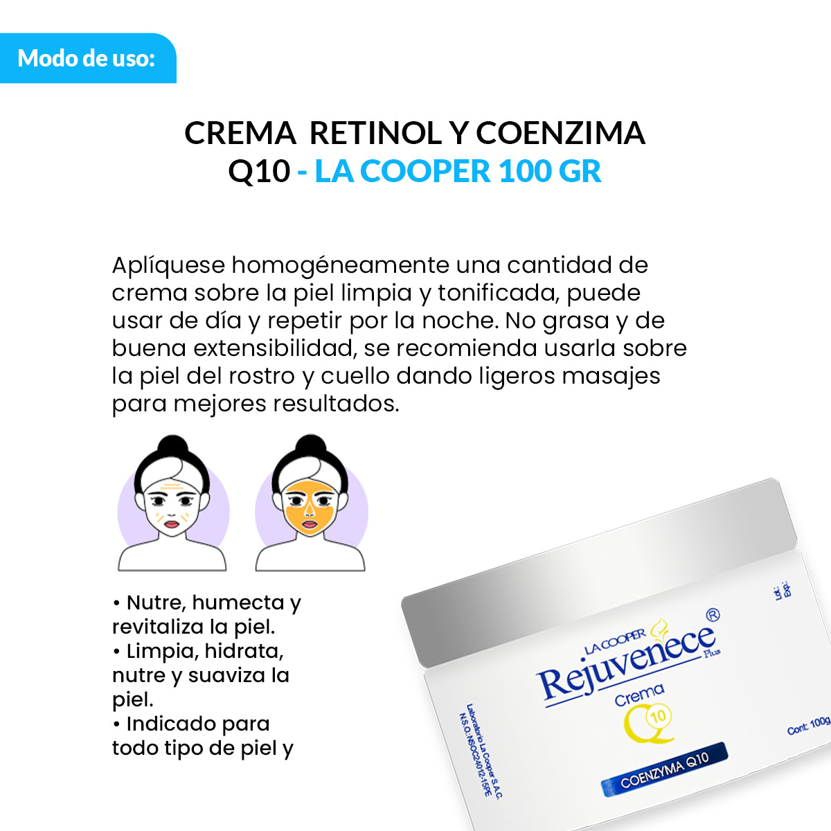 Rejuvenece Plus Crema Q10 Retinol y Coenzima 100g + Jabón Glutathione Aclara-T