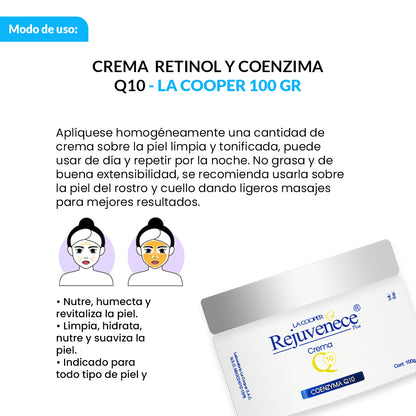 Rejuvenece Plus Crema Q10 Retinol y Coenzima 100g + Jabón Glutathione Aclara-T