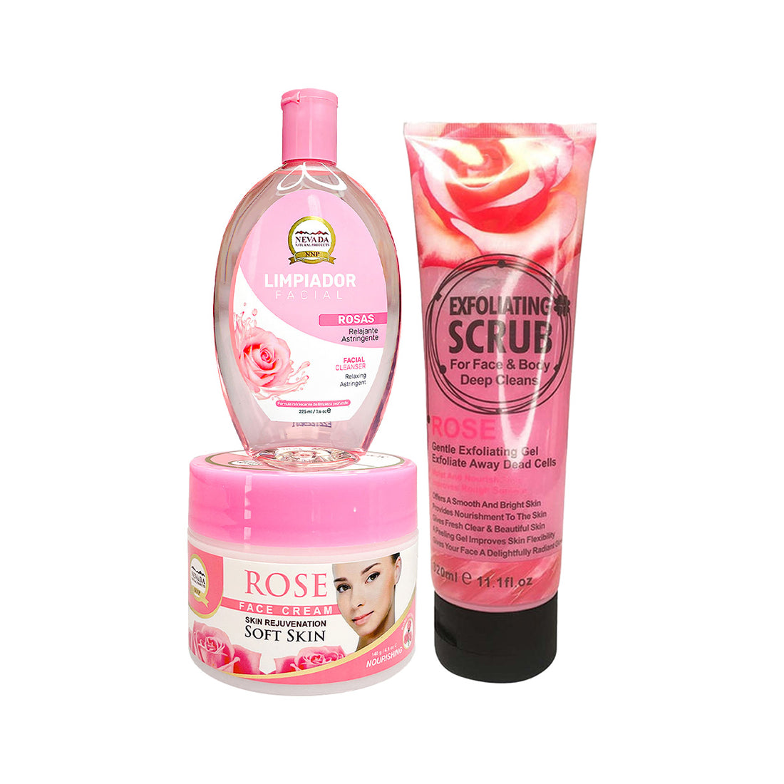 Combo de Rosas Exfoliante - Fruit of the wokali + Limpiador y crema facial - Nevada