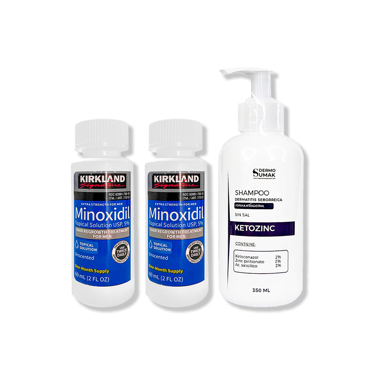 2 Minoxidil Líquido Kirkland + SHAMPOO KETOZINC CABELLO GRASO 350ML