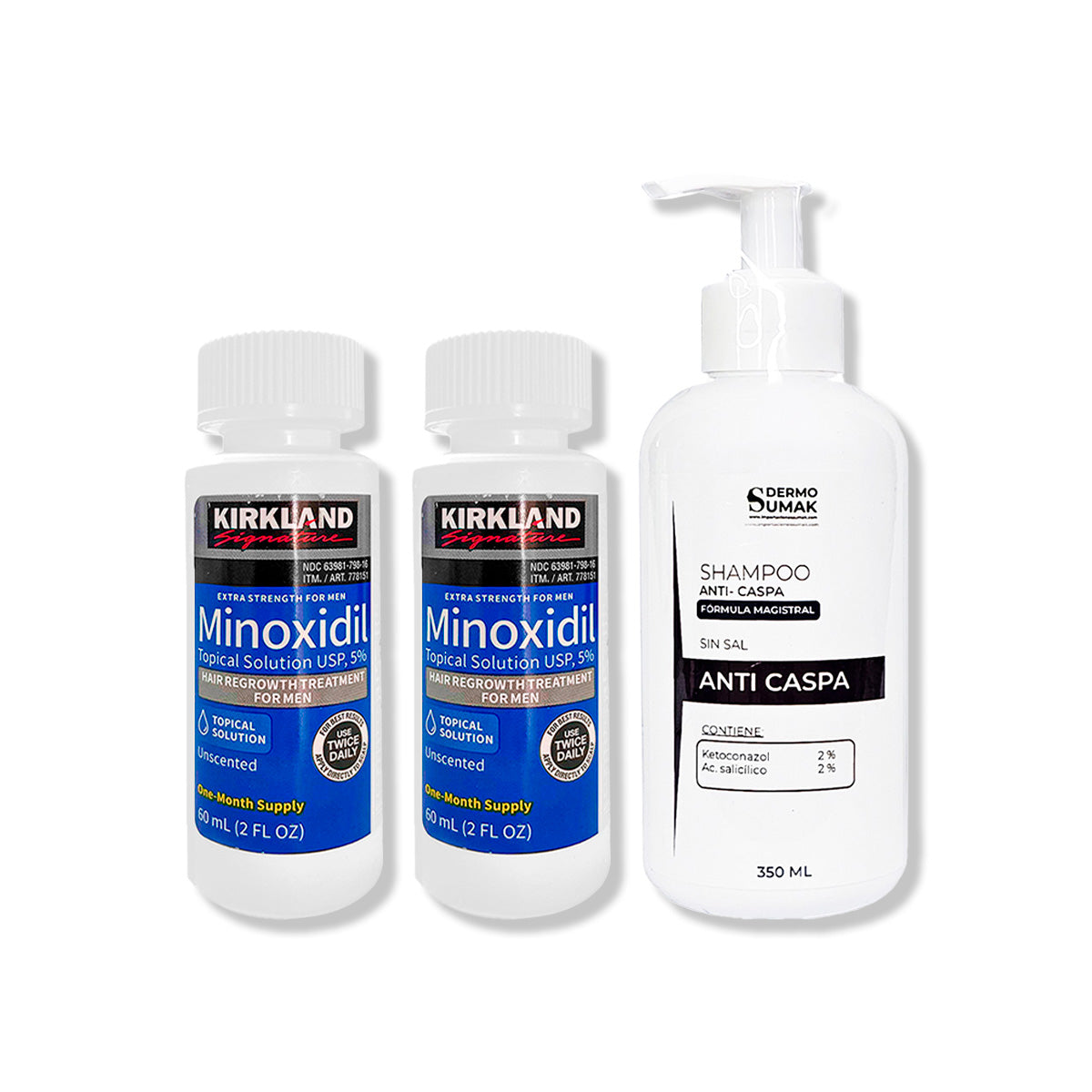 2 Minoxidil Líquido Kirkland + SHAMPOO SIN SAL ANTICASPA 350ML