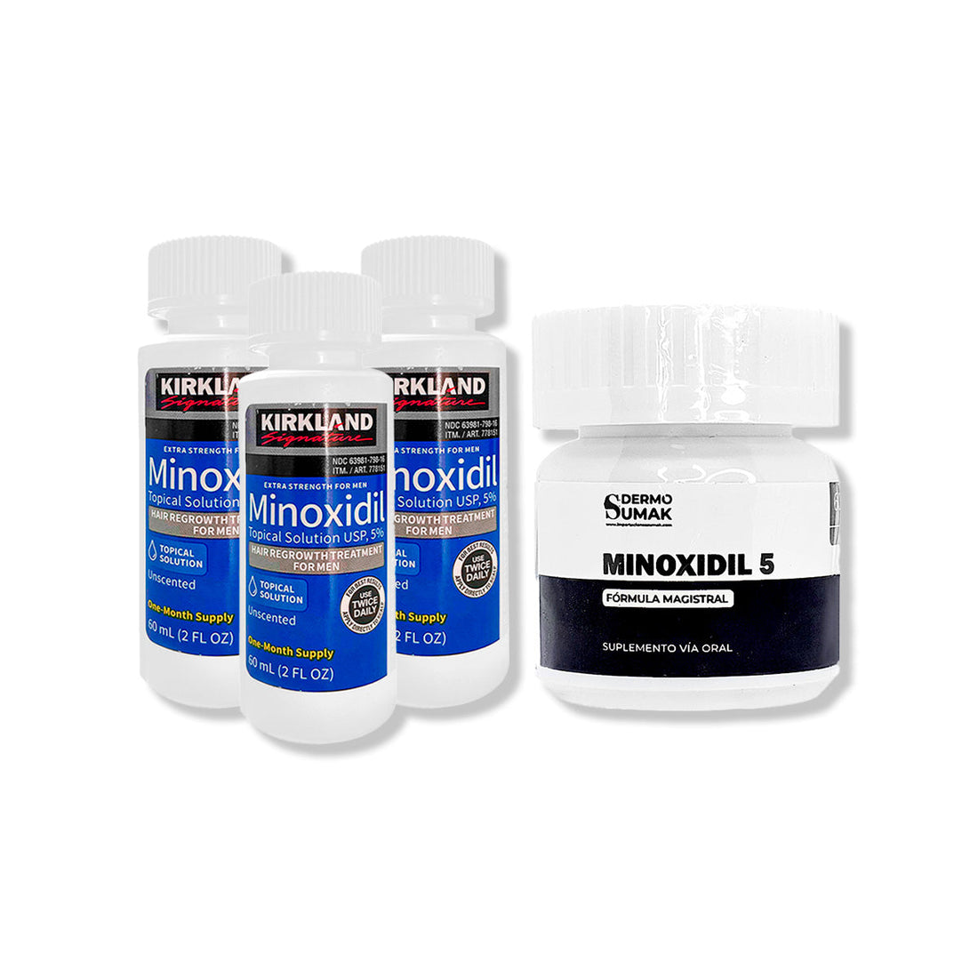 3 Minoxidil Líquido Kirkland + MINOXIDIL 5MG 60 CÁPSULAS