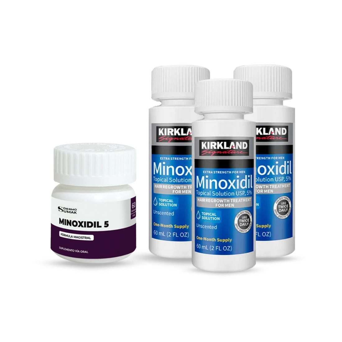 3 Minoxidil Líquido Kirkland + MINOXIDIL 5MG 60 CÁPSULAS