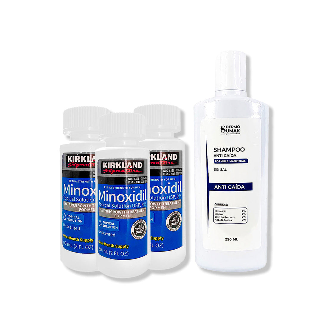 3 Minoxidil Líquido Kirkland + SHAMPOO SIN SAL ANTICAÍDA 250ML