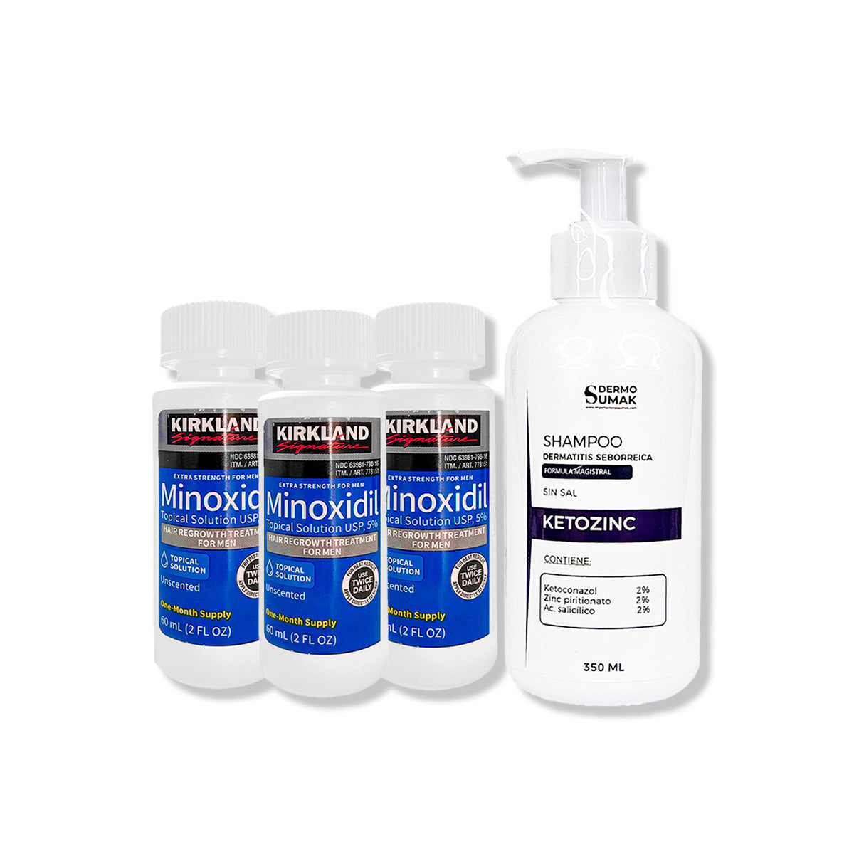 3 Minoxidil Líquido Kirkland + SHAMPOO KETOZINC CABELLO GRASO 350ML