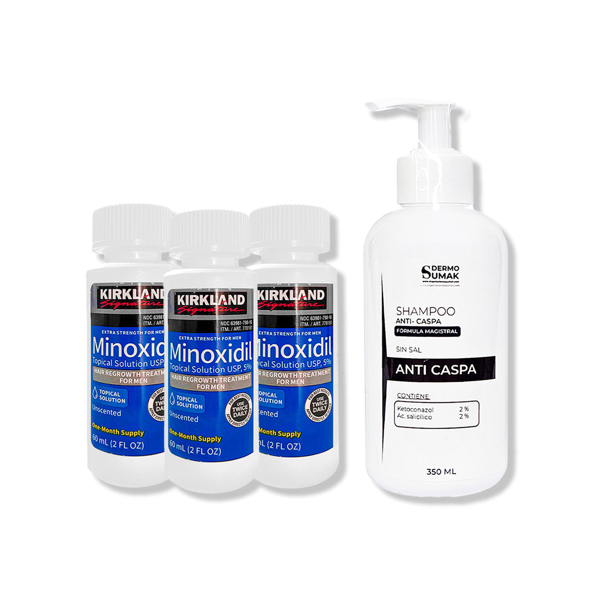 3 Minoxidil Líquido Kirkland + SHAMPOO SIN SAL ANTICASPA 350ML