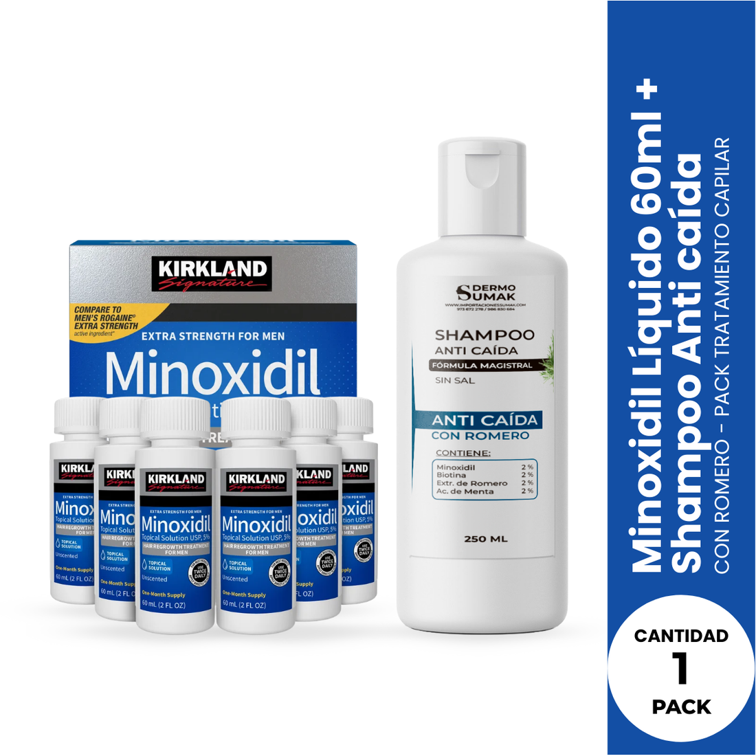 6 Minoxidil Líquido Kirkland + SHAMPOO SIN SAL ANTICAÍDA 250ML