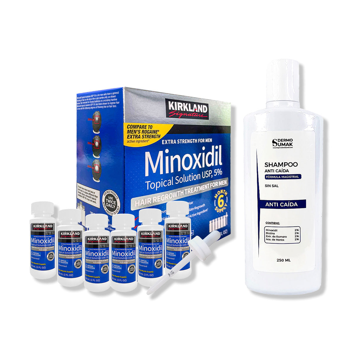 6 Minoxidil Líquido Kirkland + SHAMPOO SIN SAL ANTICAÍDA 250ML