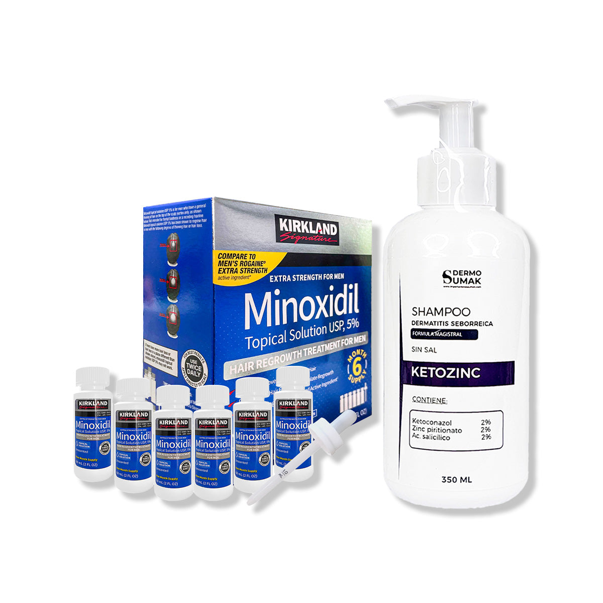 6 Minoxidil Líquido Kirkland + SHAMPOO KETOZINC CABELLO GRASO 350ML