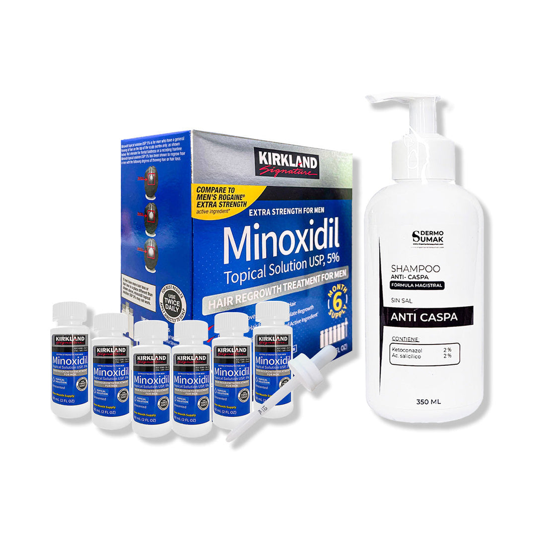 6 Minoxidil Líquido Kirkland + SHAMPOO SIN SAL ANTICASPA 350ML