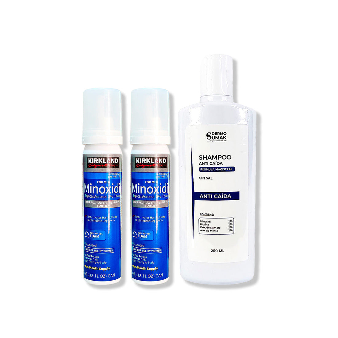 2 Minoxidil Espuma Kirkland + SHAMPOO SIN SAL ANTICAÍDA 250ML