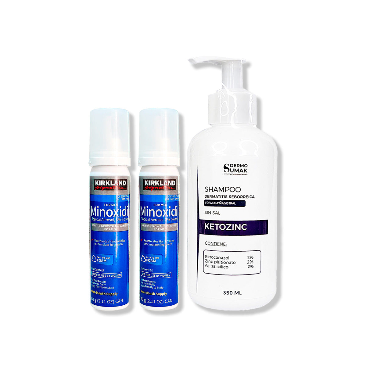 2 Minoxidil Espuma Kirkland + SHAMPOO KETOZINC CABELLO GRASO 350ML