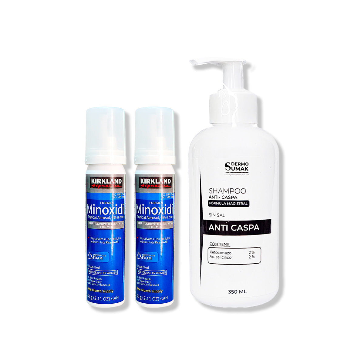 2 Minoxidil Espuma Kirkland + SHAMPOO SIN SAL ANTICASPA 350ML