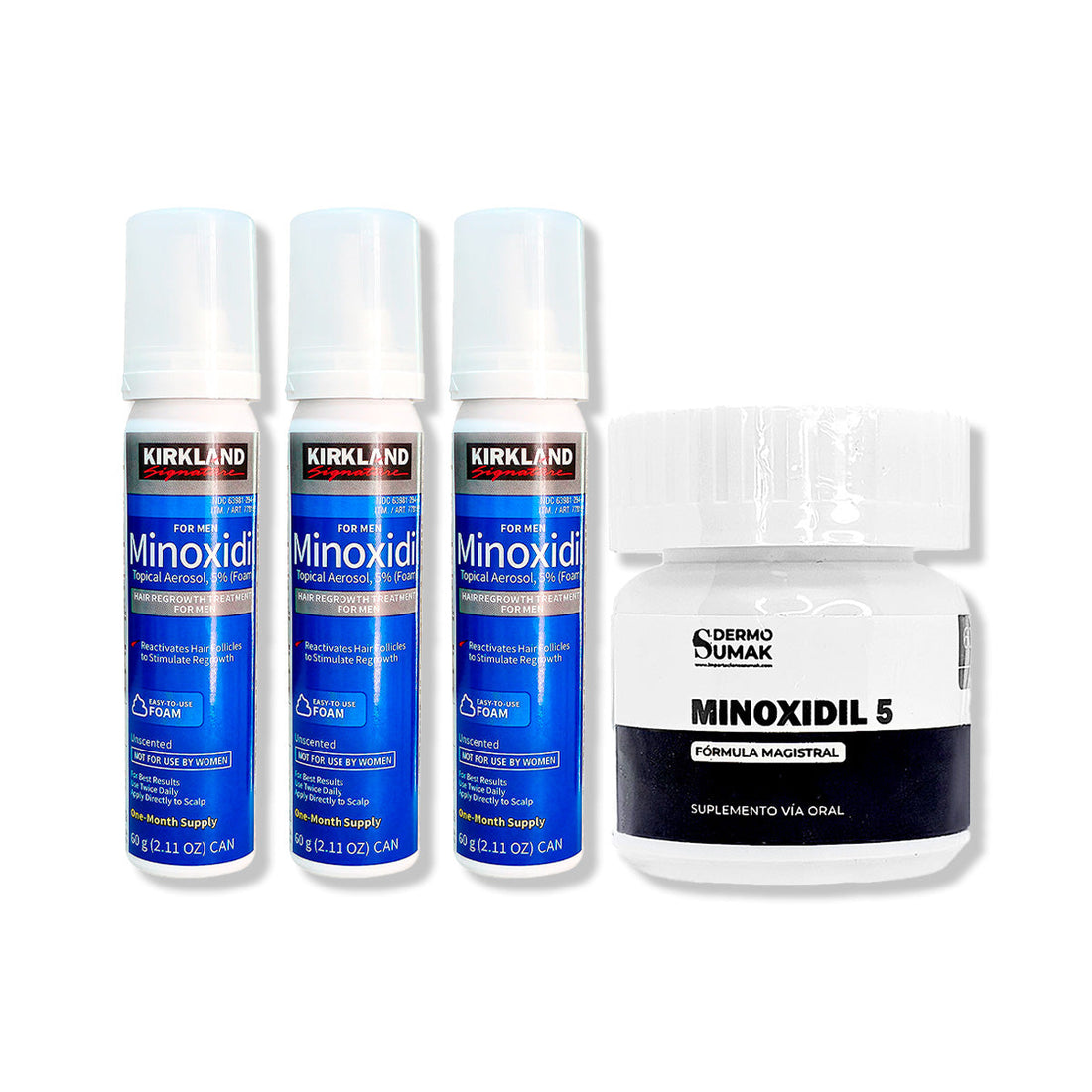 3 Minoxidil Espuma Kirkland + MINOXIDIL 5MG 60 CÁPSULAS