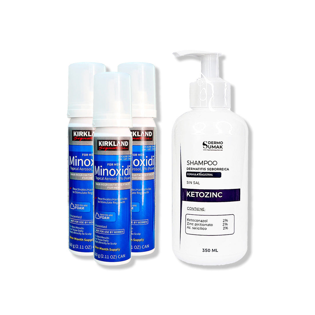 3 Minoxidil Espuma Kirkland + SHAMPOO KETOZINC CABELLO GRASO 350ML