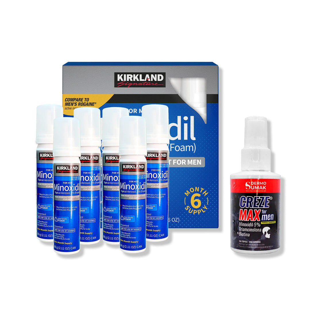 6 Minoxidil Espuma Kirkland + LOCIÓN CREZE MAX FORMEN 60ML