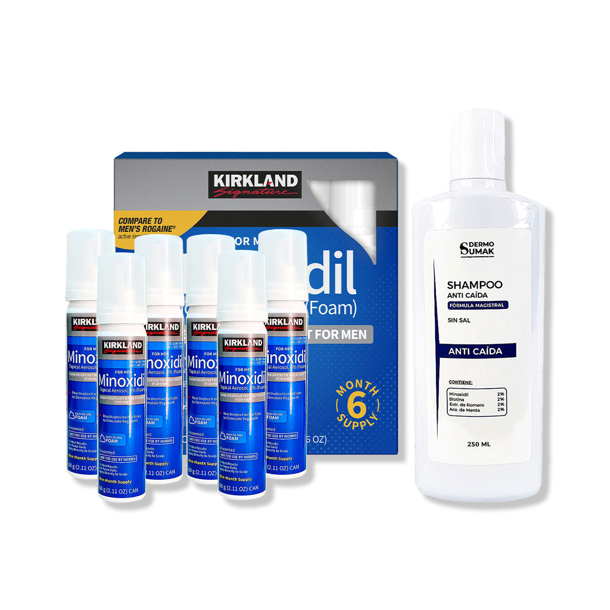 6 Minoxidil Espuma Kirkland + SHAMPOO SIN SAL ANTICAÍDA 250ML