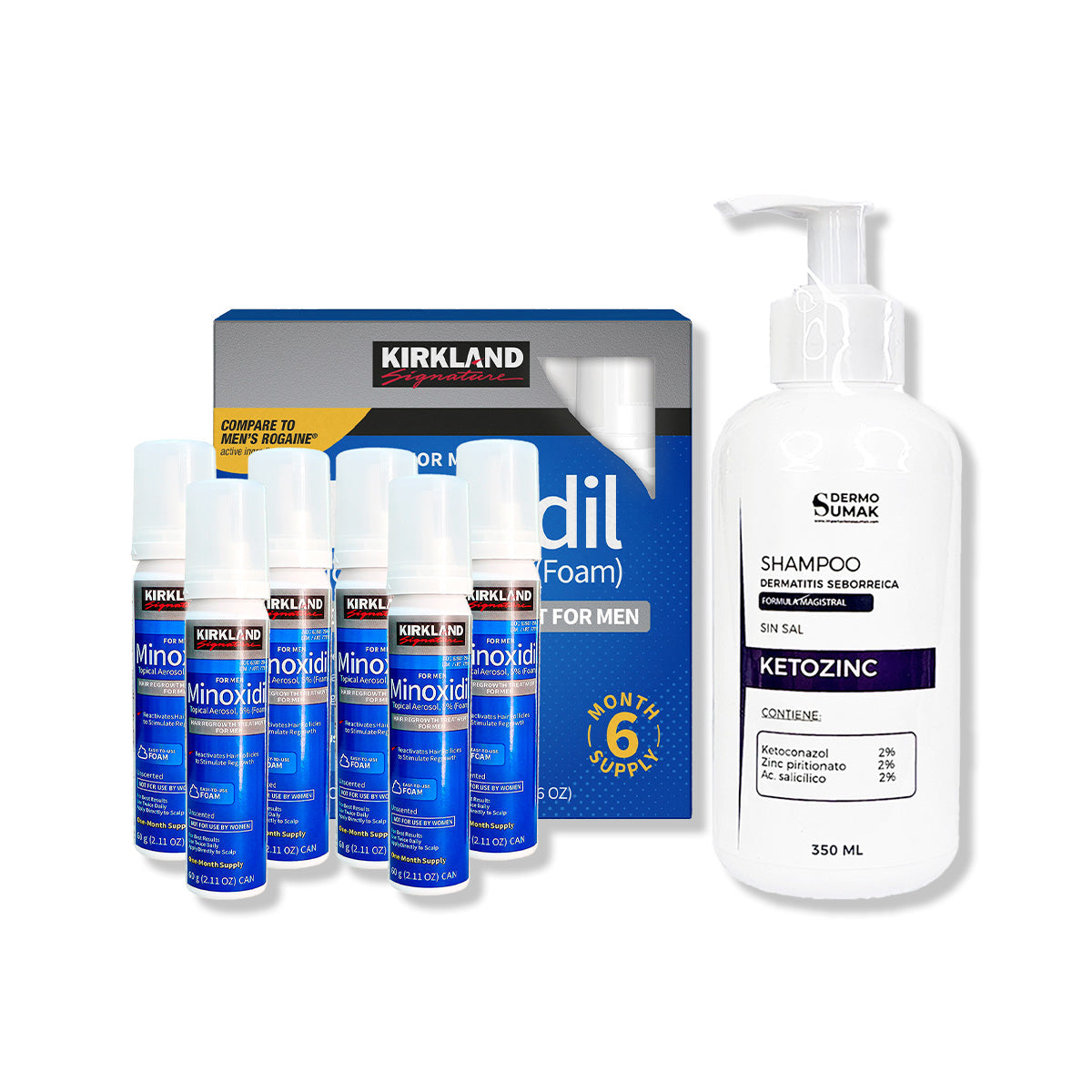 6 Minoxidil Espuma Kirkland + SHAMPOO KETOZINC CABELLO GRASO 350ML