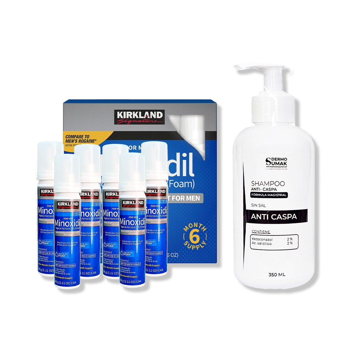 6 Minoxidil Espuma Kirkland + SHAMPOO SIN SAL ANTICASPA 350ML