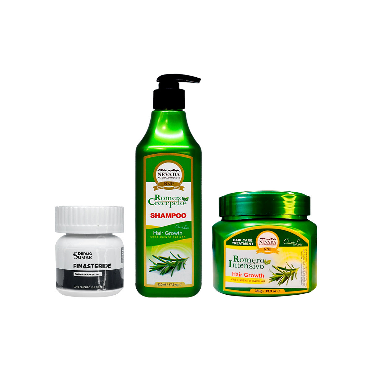 Cápsulas Finasteride 1mg + SHAMPOO ROMERO 520ML + CREMA DE CRECIMIENTO