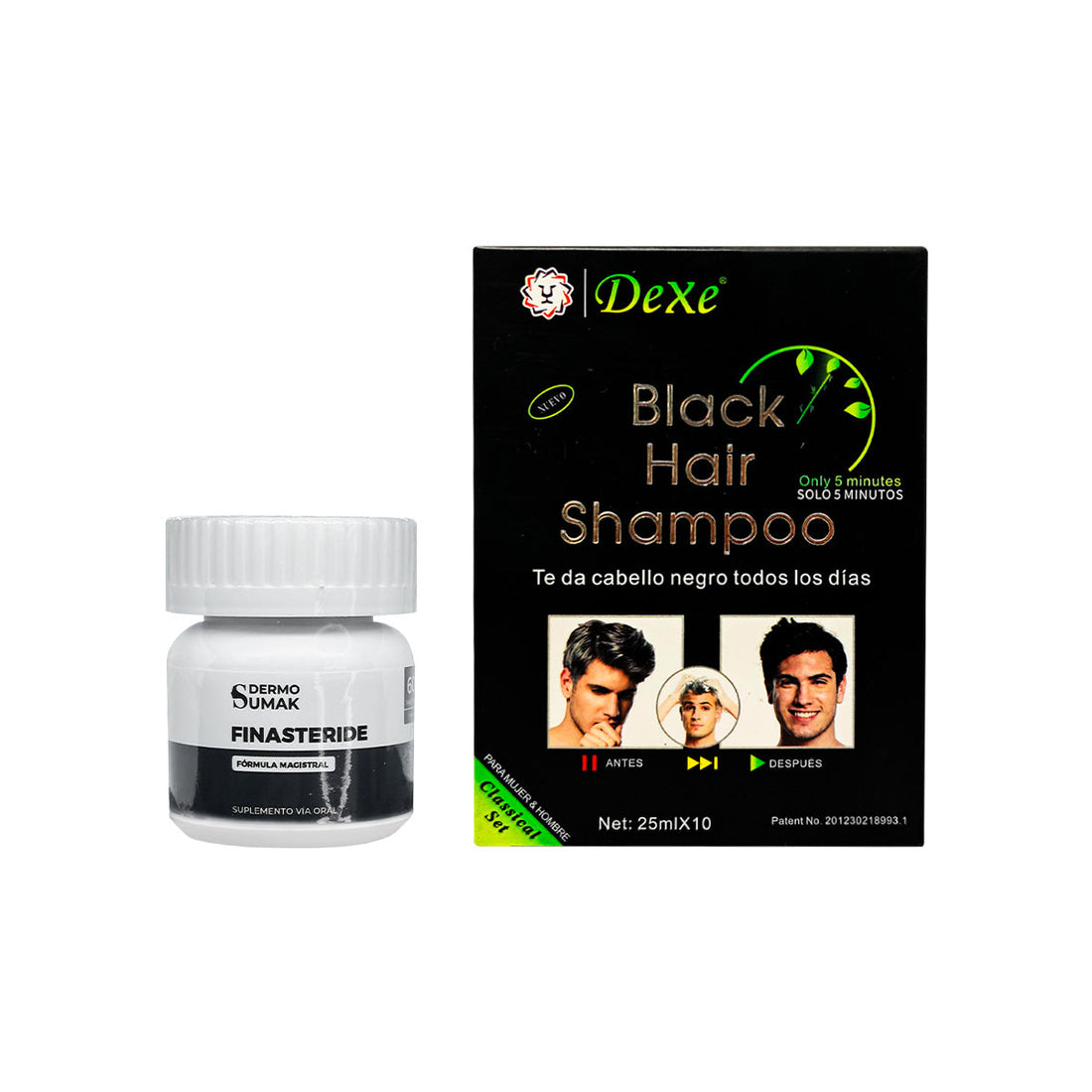 Cápsulas Finasteride 1mg + SHAMPOO CUBRE CANAS NEGRO DEXE