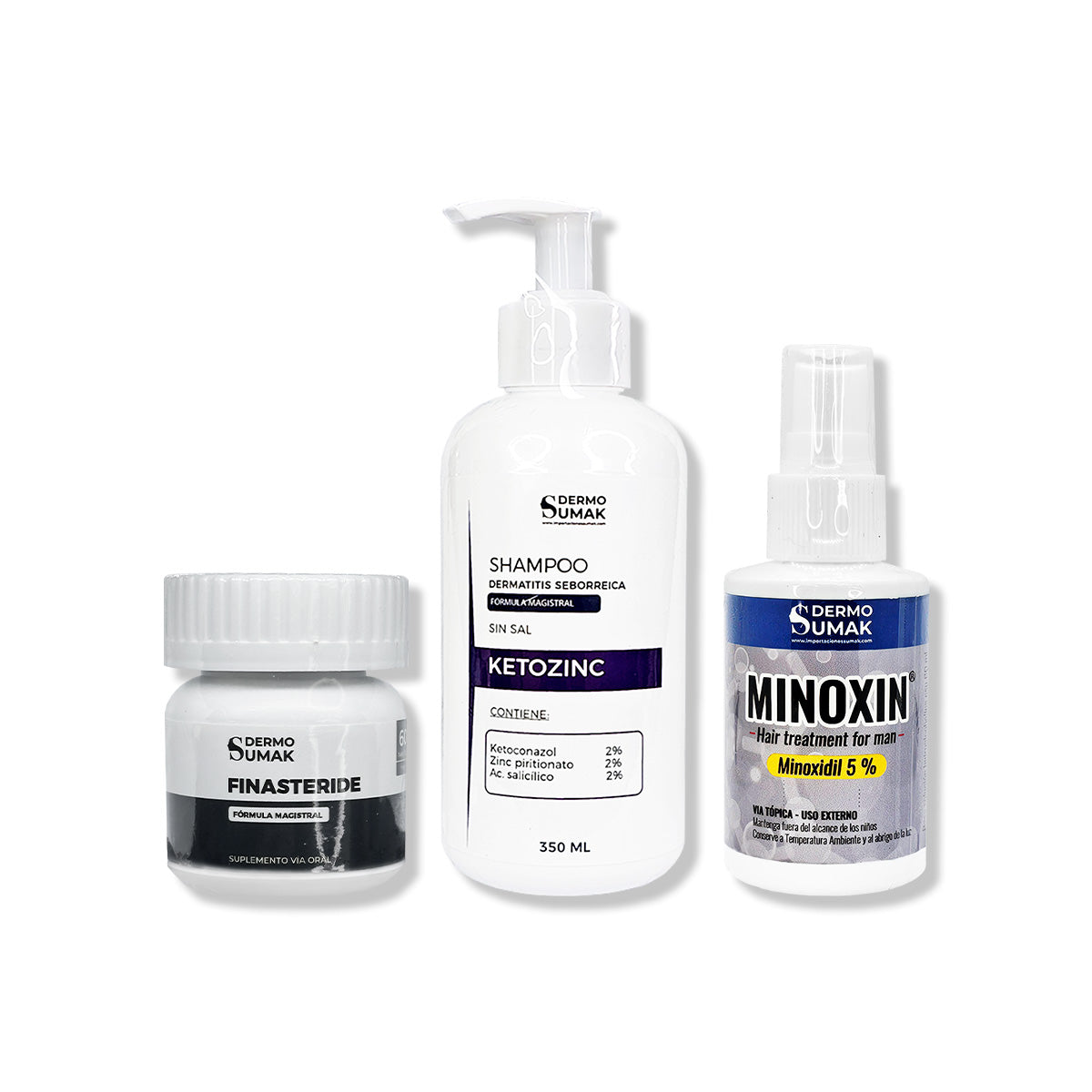 Cápsulas Finasteride 1mg + SHAMPOO KETOZINC 350ML + LOCIÓN MINOXIN