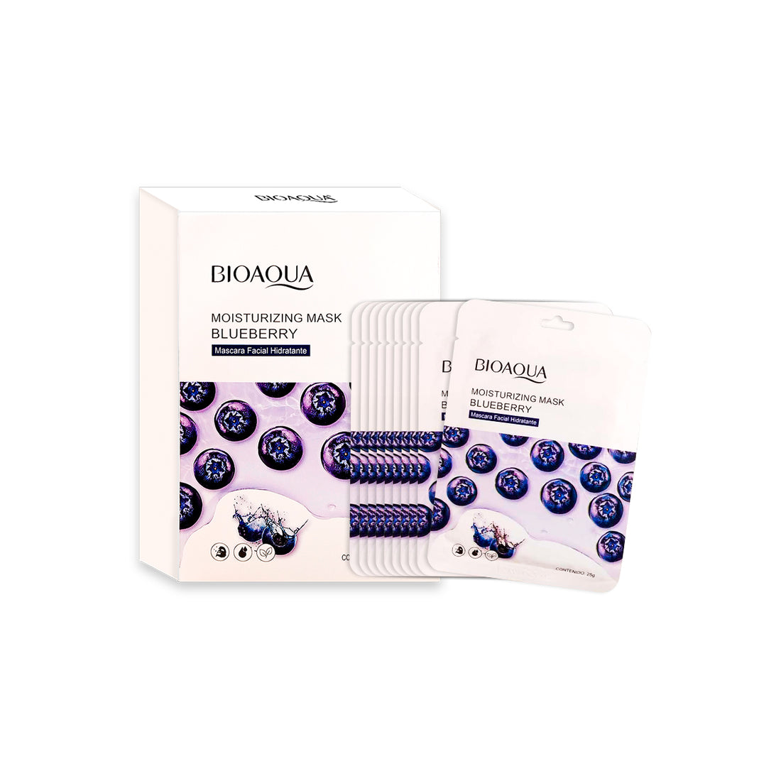 BIOAQUA Mascarilla Facial Hidratante de Arándano – Antiedad – Paquete x10 (25g c/u)