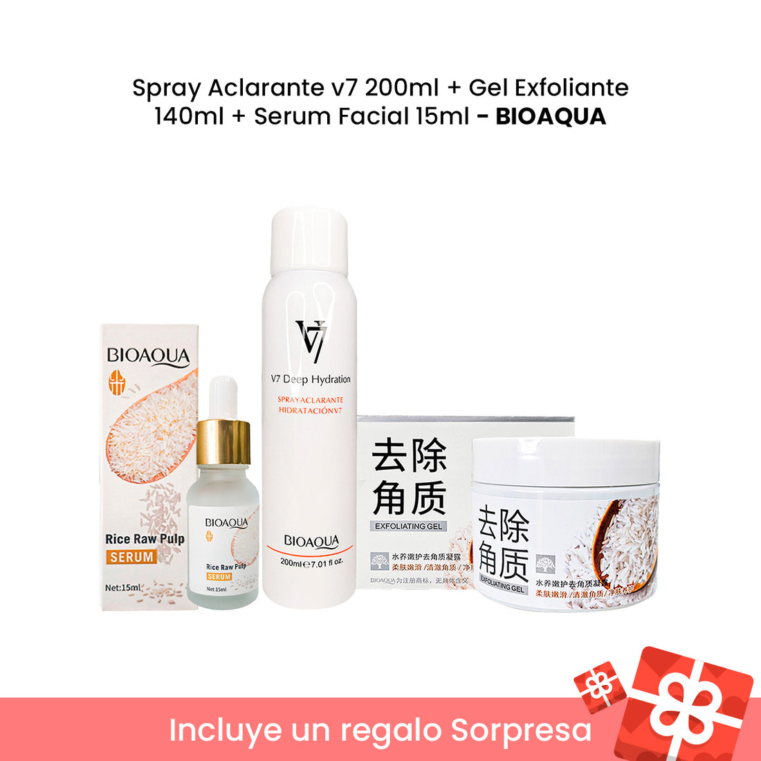 Spray Aclarante v7 200ml + Gel Exfoliante 140ml + Serum Facial 15ml