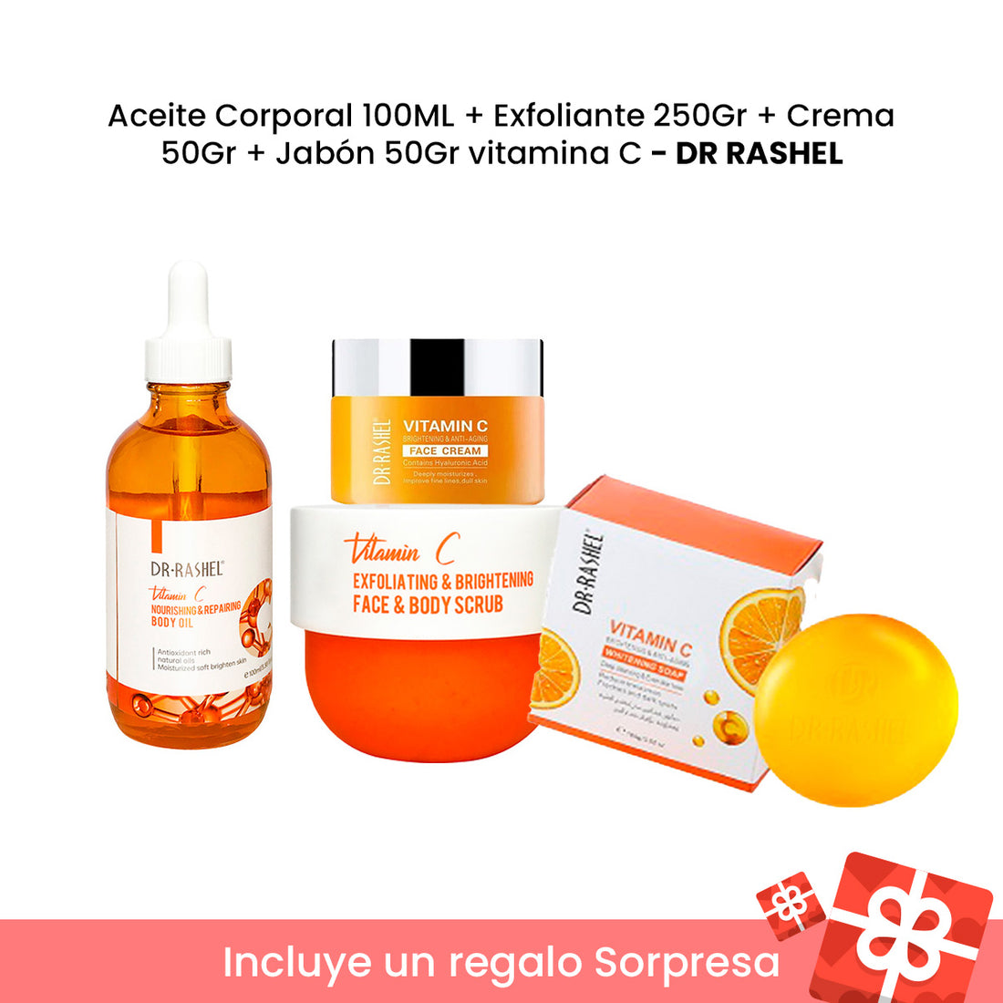 Aceite Corporal 100ML + Exfoliante 250Gr + Crema 50Gr + Jabón 50Gr vitamina C