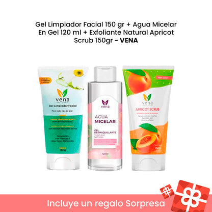 Gel Limpiador Facial 150 gr|Agua Micelar En Gel Vena 120 ml|Exfoliante Natural Apricot Scrub 150gr