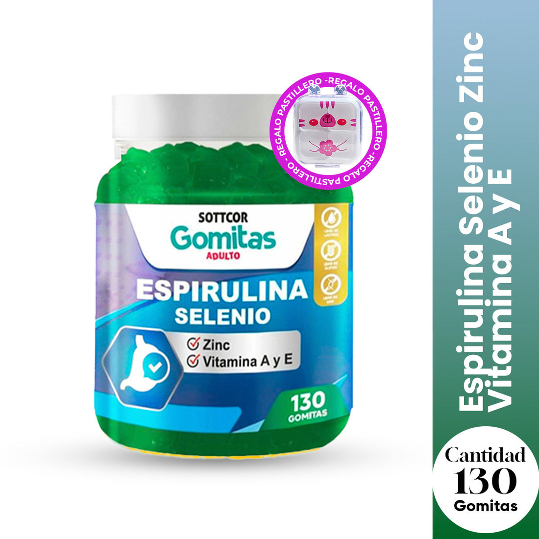 Gomitas con Espirulina Selenio Zinc Vitamina A y E Sottcor 130 Gomitas + REGALO PORTA GOMITAS