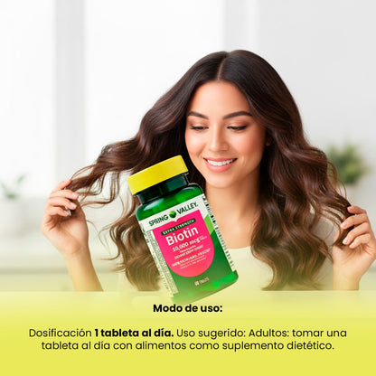 Spring Valley Suplemento de Biotina – Cabello, Piel y Uñas – 10,000 mcg 60 cápsulas