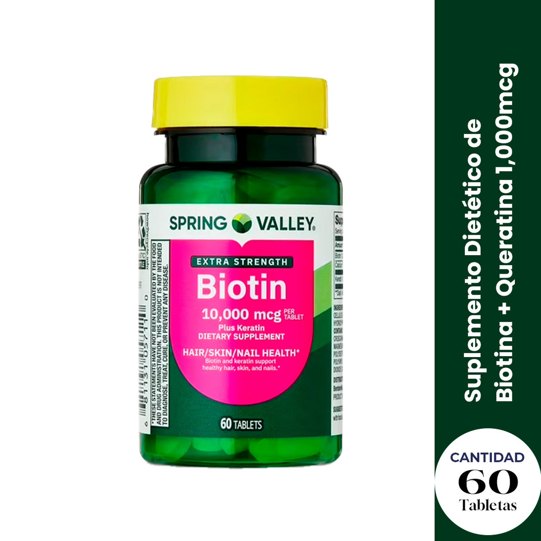 Spring Valley Suplemento de Biotina – Cabello, Piel y Uñas – 10,000 mcg 60 cápsulas