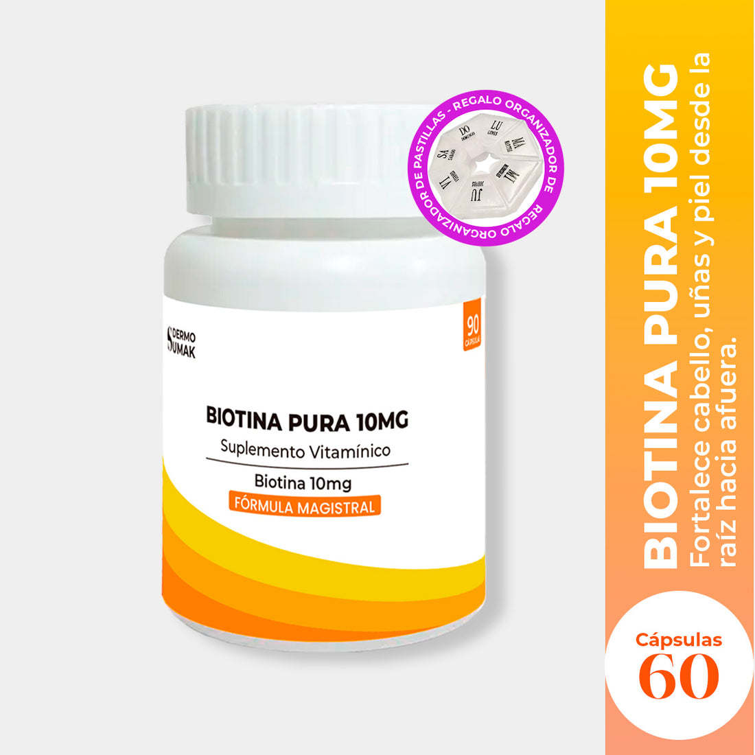 DERMO SUMAK – SUPLEMENTO CAPILAR – FORTALECE CABELLO, UÑAS Y PIEL – BIOTINA PURA 10MG 90 CÁPSULAS + REGALO PASTILLERO