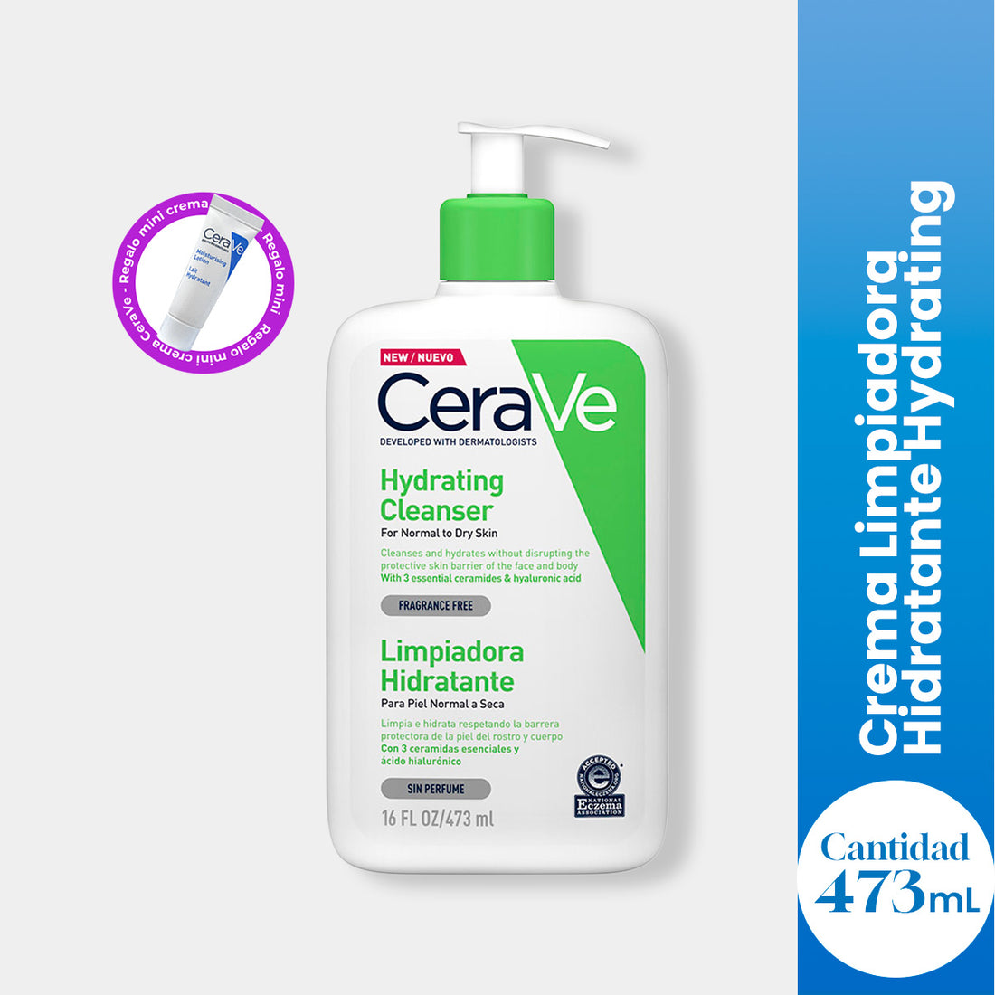CeraVe Crema Limpiadora Hidratante Hydrating Cleanser 473ml + REGALO MOISTURISING LOTION 5ML